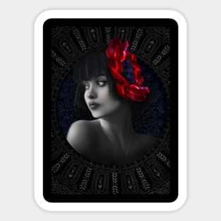 Black and white red flower girl portrait digital artwork Sticker